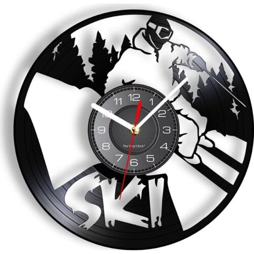 Ski Design Art Vinyl LP Record Wall Clock Snow Sports Home Decor Wall Watch Downhill Skiing Crafts Clock Skier Man Cave Gift