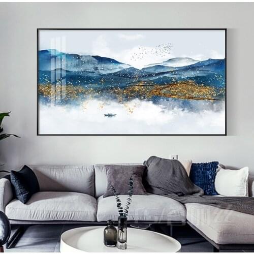 Golden Blue Mountain Landscape Decorative Painting Modern Art Pictures Living Room Home Decor Abstract Canvas Print Wall Posters