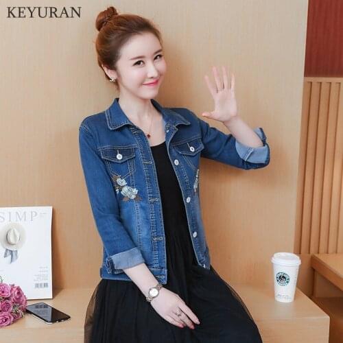 2020 New Autumn Women Flower Embroidered Denim Jackets Laple Ladies Long Sleeve Short Jeans Coat Harajuku Outwear Plus Size XXXL