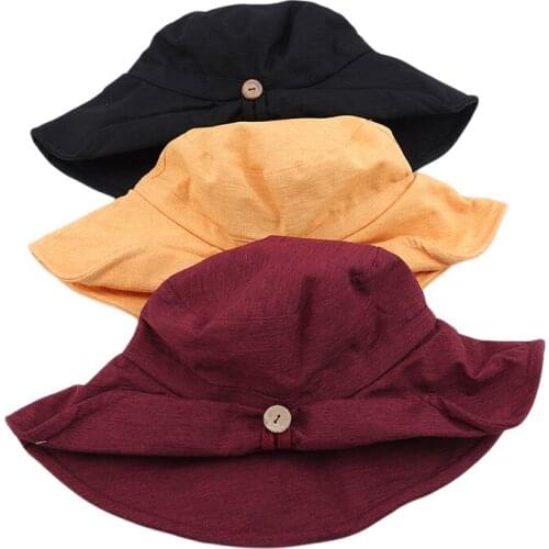 New Style Cotton Womens Beach Sunscreen Shade Hat Folding Button Bow Sun Hat Outdoor Travel Casual Fashion Big Brim Bucket Cap