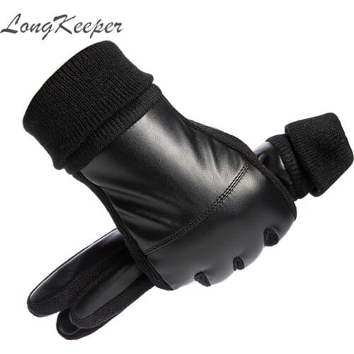 LongKeeper Fashion PU Leather Gloves Men Male Plus Velvet Driving Mittens Non-Slip Full Fingers Warm Wool Black Guante Luvas
