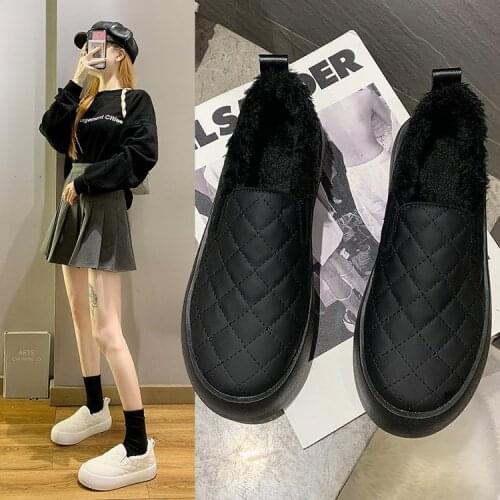 Casual ladies flat shoes pure color deep mouth fur shoes autumn and winter new pu pure color rubber sole shoes