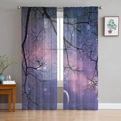 Moon Branch Night Starry Sky Sheer Curtains for Living Room Modern Voile Curtain Bedroom Tulle Curtains Window Drapes Decor