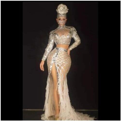 Stretch Prom Mermaid Long Dresses Sparkling Silver Sequin Evening Party Dress Singer Stage Show Wear