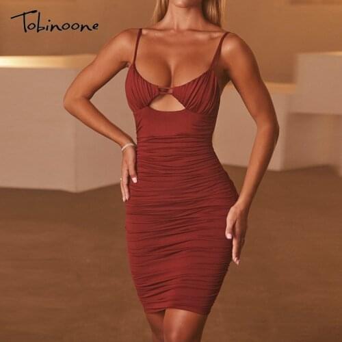 Tobinoone Spaghetti Strap Bodycon Dresses Women Pleated Hollow Out Bandage Backless Sexy Party Summer Mini Dress Night Clubwear