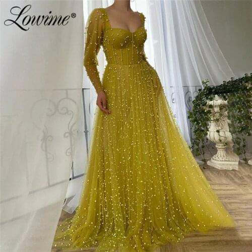 Pearls Custom Made Long Sleeves Arabic Evening Dress 2020 Beaded Dubai Formal Celebrity Dresses Kaftans Prom Dress Party Gowns