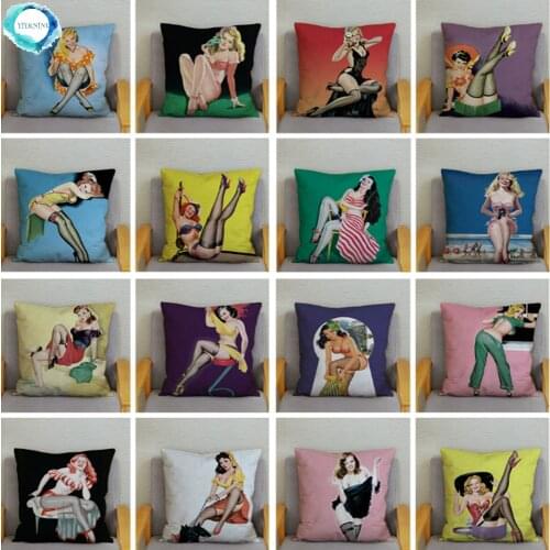 Vintage European Sexy Women Polyester Cushion Cover Sexy Lady Pattern Pillow Cover Decorative for Car Sofa Home 45x45cm
