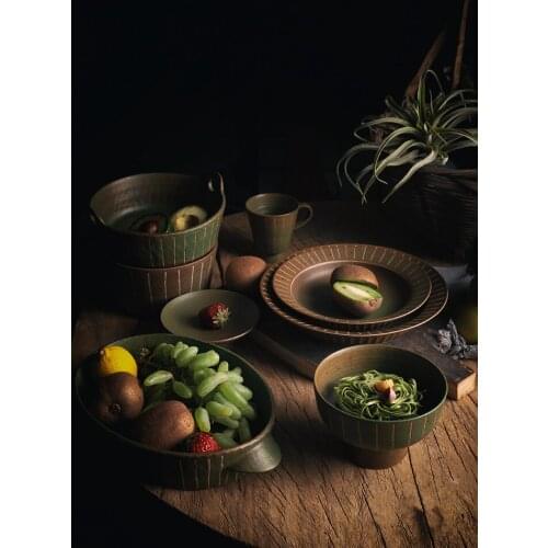 Japanese ceramic dinner bowl and fruit plate set soup plate with handle household stoneware retro vertical pattern tableware
