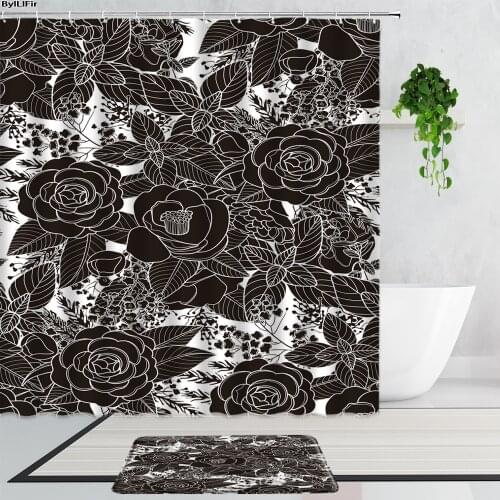 Black And White Plant Flowers Shower Curtains Creative Watercolor Fabric Printing Bathroom 2-pcs Non-Slip Carpet Mt Bath Curtain