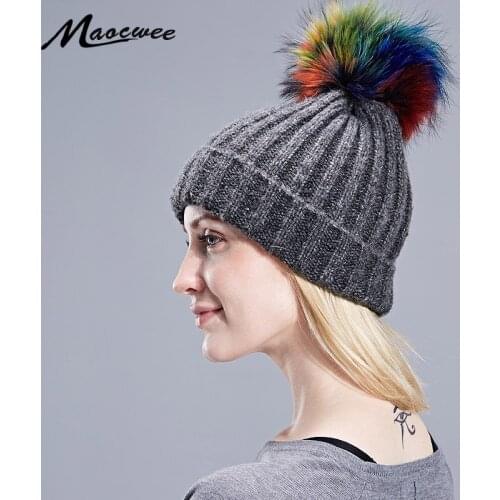 Women Girls Real Colourful Raccoon Fur Pompon for Hat Cap Natural Fur Pompom Beanies Skullies Wool Hats Winter Warm Ski Pom Caps