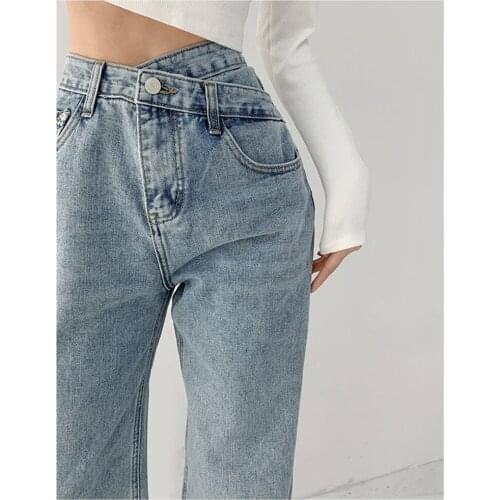 Women Jeans 2021 Summer Fashion Vintage High-waist Design Cross-waist Thin Straight Trousers Wide-leg Denim Pants Streetwear