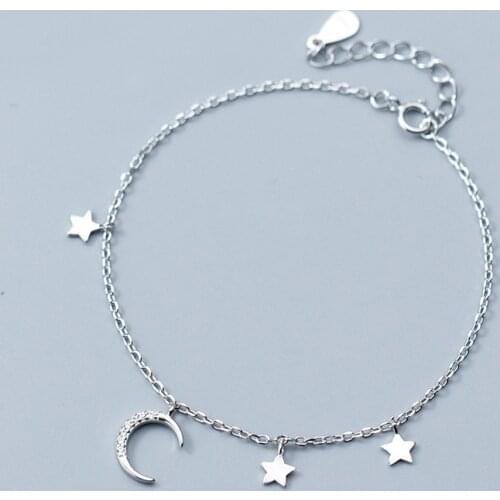 MloveAcc New Arrival Genuine 925 Sterling Silver Sweet Moon & Star Link Bracelet Luxury Silver Jewelry for Women Girls