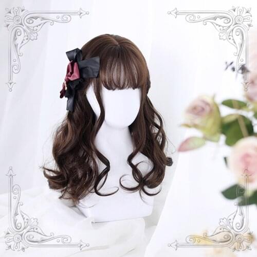 High Quality Lolita Dark Brown 50CM+ Mid-Length Big Wave Female Wig Cosplay Party