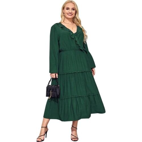 Women V-Neck Cascading Ruffle Mid Dress British Style Casual Tiered Solid Color Long Sleeve Cotton Dresses