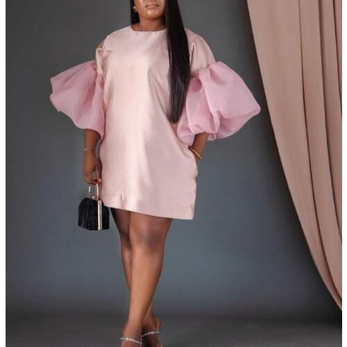 Women Pink Shirt Dress Summer O Neck Patchwork Lantern Sleeve Loose Mini Dresses 2021 Fashion New Casual Female Clothing Gowns