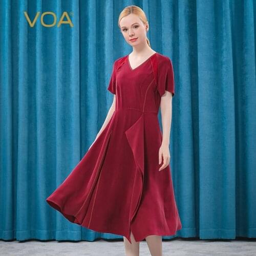 VOA 30m/m Heavyweight Silk V-neck AE515 Raglan Sleeves Yellow Thread Trim Hem Asymmetric Ruffle Wine Red Dress for Women