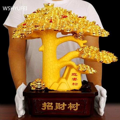 Golden Fengshui Lucky Money Tree modern Style Resin Statue Home Decor Study Ornaments Living Room Decorations Opened Present