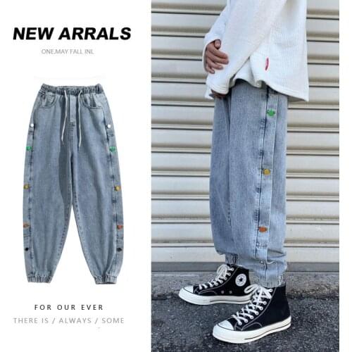 2020 Mens Loose Button Decorate Haren Pants Baggy Homme Blue/black Casual Pants Cargo Pocket Jeans Biker Denim Trousers M-2XL