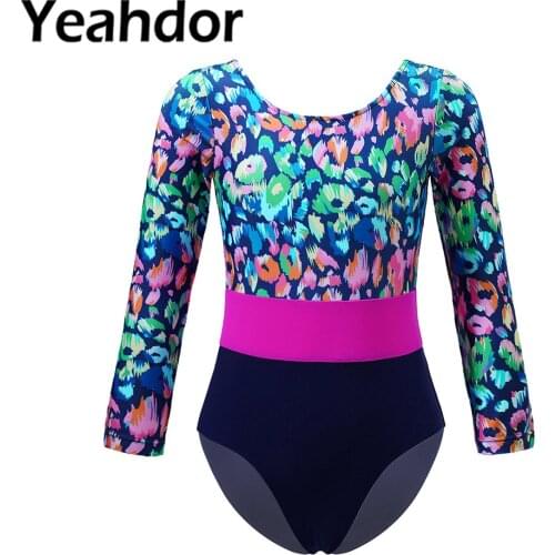 Kids Girls Beachwear Swim Clothing Leotard One Piece Swimsuit Long Sleeve Round Neckline Leopard Print Patchwork Style Swimwear