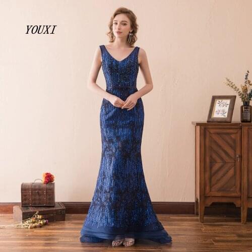 Elegant V-Neck Mermaid Evening Dresses 2019 New Bling Bling Blue Sequined Pearls Beading Formal Long Prom Gowns