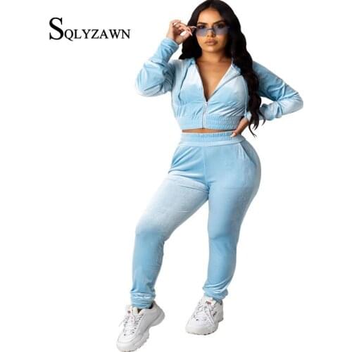Famale Autum Velvet Suit Long Sleeve Cropped Jacket Trousers Casual Women Purple Blue Loose Sporty Set Velour 2ps Matchig Set
