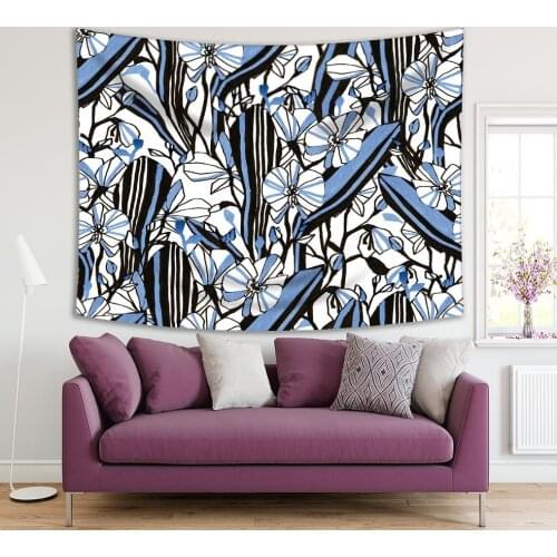 Tapestry Orchids Pattern Exotic Jungle Natural Flower Garden Painting Style Botanic Illustration White Black Blue