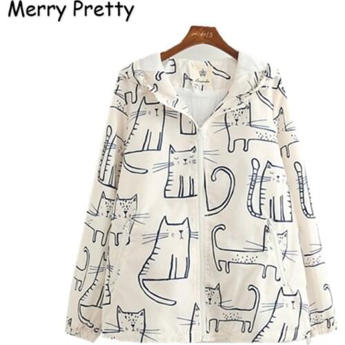 MERRY PRETTY Japan Harajuku Jacket Mori Girl Outwear New Women Sweet Cute Cat Printed Hooded Long Sleeve Casual Thin Coat Female