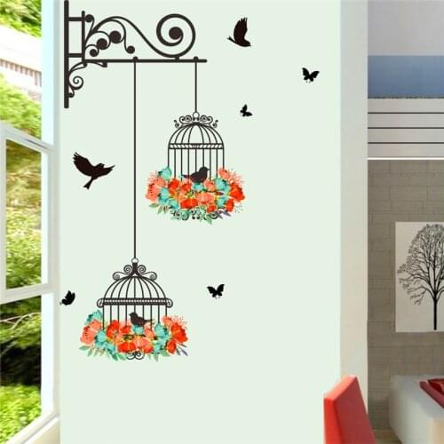Flying black bird birdcage wall art decals for living room colorful flower diy wedding decoration mural pvc wall stickers