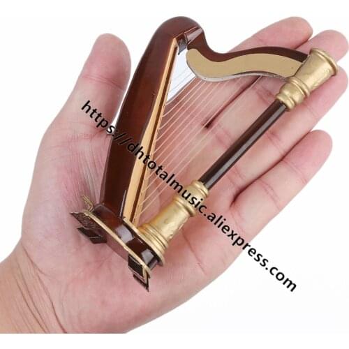 Dh Dollhouse Miniature Chinese Vintage Musical Instrument 8-Strings Harp with Box Home Office Desktop Decor Ornaments