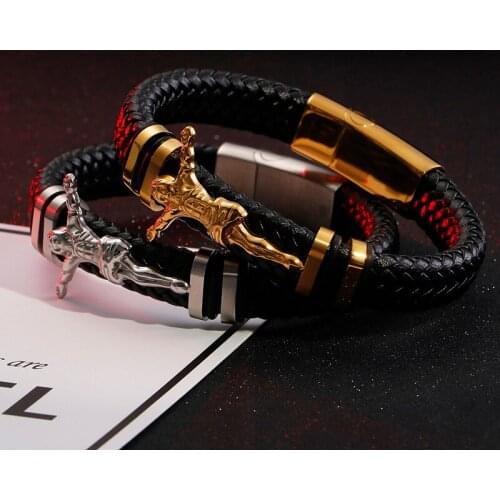 Vintage Jewelry Mens Jesus Leather Bracelet Titanium Steel Leather Religious Bracelet