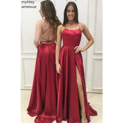 2020 New Elegant Blue Satin Prom Dresses Backless Sleeveless Plus Size Evening Dress Floor Length Lace Up Side Split Custom Made