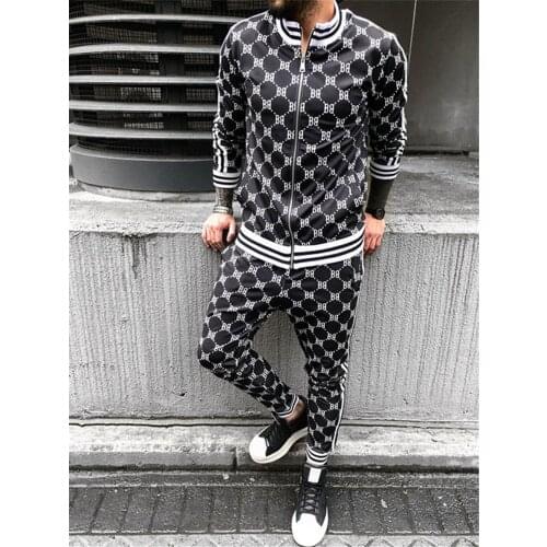 2021 new mens sportswear spring and autumn fashion plaid sportswear casual two-piece mens sports suit