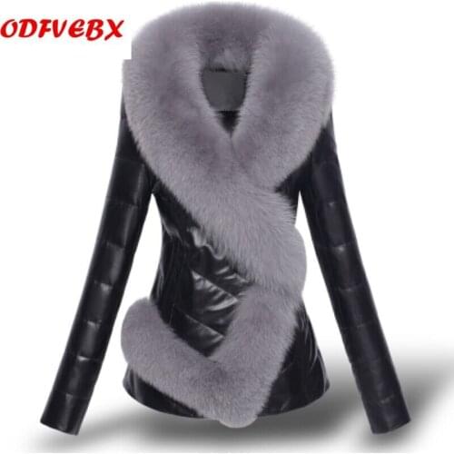 New leather fur thicken down jacket coat female imitation fox fur short Slim fur collar PU leather autumn and winter coat women