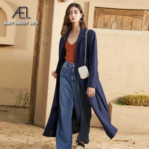 AEL Autumn Long Straight Blazer Coat Casual Sashes Women Stylish Outerwear Cotton Blend