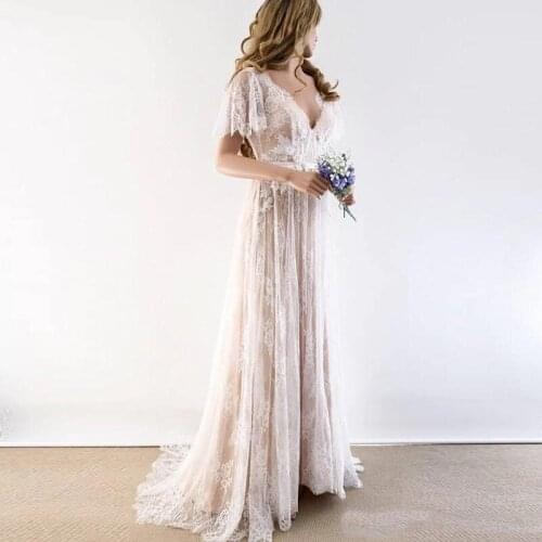 Nude Ivory Boho Wedding Dresses A Line New 2020 Sexy Open Back Deep V Neck Lace Country Beach Bridal Gowns With Short Sleeves