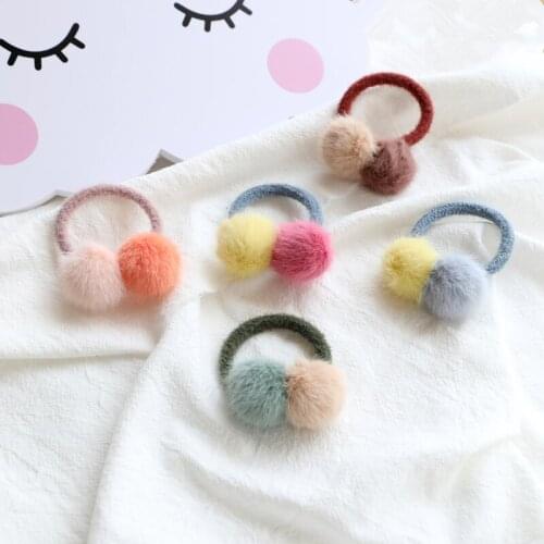 Girls Colorful Faux Fur Pom-Pom Hair Tie Elastic Hair Bands Double Colors Ball Pompom Snap Hair Clip Accessories HT105