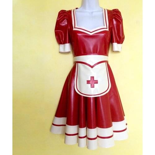 Sexy Red Short Sleeve Latex Mermaid Dress Nurse Doctor Cosplay with Apron