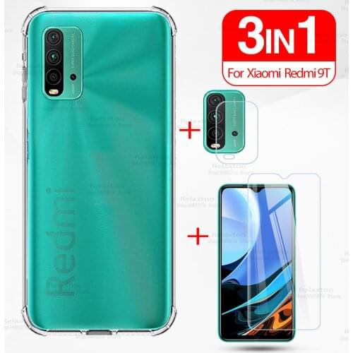 3in1 Transparent Clear TPU Silicone Case For Xiaomi Redmi 9t Tempered Glass redmi 9t nfc redm9t 9 t Camera Protection Film cover