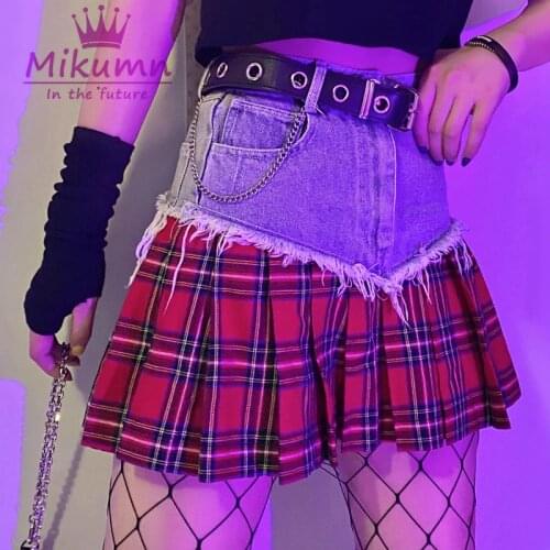 Harajuku Fashion Womens Skirts Denim Patchwork Plaid High Waist Mini Skirts 2020 New Summer Streetwear