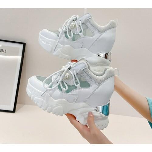 Breathable Mesh Chunky White Sneakers Women Summer 2021 Pearls Mesh Platform Sandals Woman Height Increased Casual Shoe