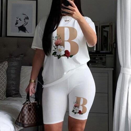 Women 2 Pieces Sets Summer Tracksuits Short Sleeve Tops+Jogger Shorts Leggings Suit Sporty Fitness Outfit Letter Print Clothes