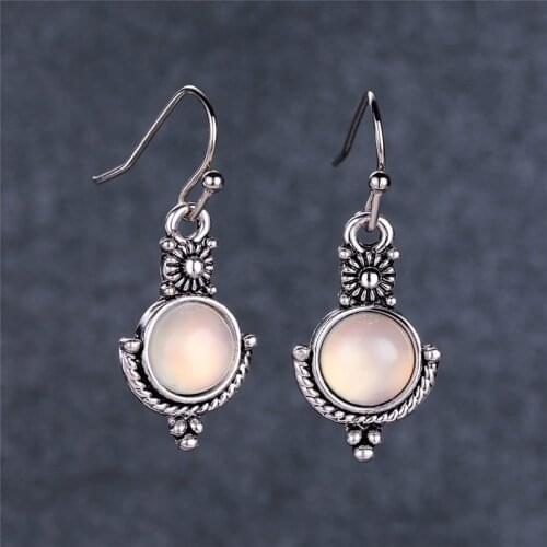 Female Fashion Wedding Earrings Vintage White Round Moonstone Drop Earrings For Women Boho Antique Silver Color Dangle Earrings