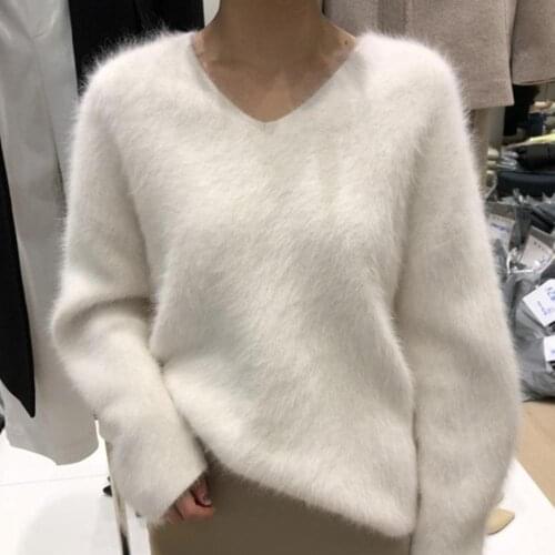 JSXDHK Korean Style Women V Neck Mohair Sweaters Autumn Winter Long Sleeve Mik Cashmere Thick Warm Soft White Loose Pullovers