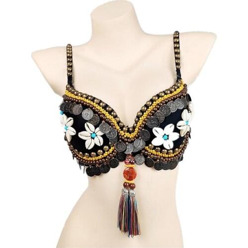Women Tribal Belly Dance Bra Shells Flower Push Up Beads Top with Multicolor Fringes Pendant Vintage Gypsy Accessories Coins Bra
