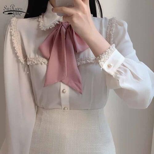 Women Pearl Button Cardigan Shirts Sweet Tassel Lace Splice Bow Tie Blouse Women Solid Color Long Puff Sleeve Tops Blusas 11608