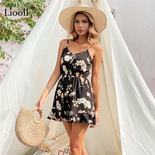 Liooil Sexy Floral Print Playsuit Backless Sleeveless Strap Romper For Women Ladies Casual Summer Vacation Beach Playsuits 2021