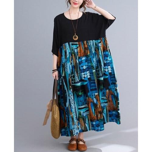 Fashion 2021 New Summer Ethnic Style Print Plus Size Holiday Beach Women Long Patchwork Lady Casual Dress