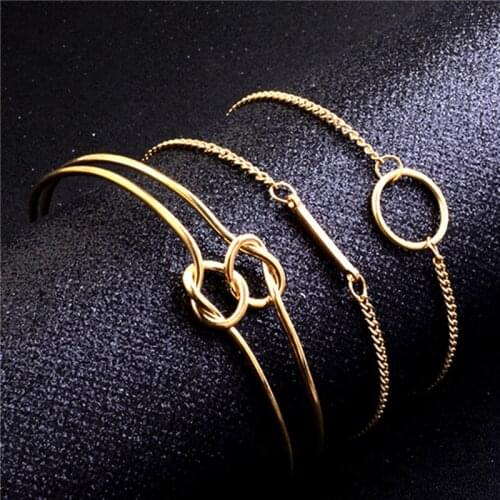 3PCs Simple Gold Knot Bangles For Women European Geometric Bracelets Set Rectangle Round Charm Bracelet Wrist Jewelry