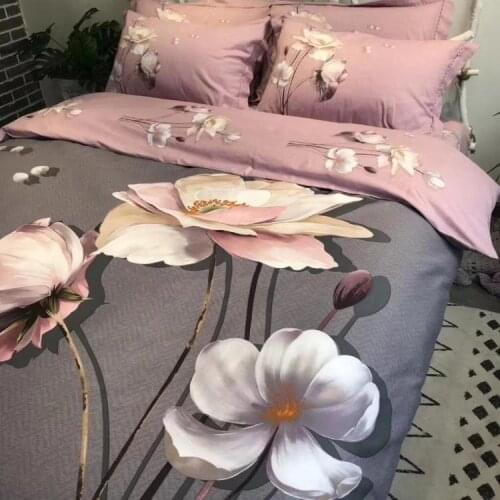 Luxury 100% cotton Grey Pink Printed Flower Bedding sets Sanding Queen King Fashion Duvet cover Bed sheet set Pillowcase 4pcs