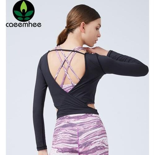 CAEEMHEE Quick Dry Fitness Sport Yoga Shirt Women Hollow Out Halter Long Sleeve Crop Top Blouse Workout Running Gym Top